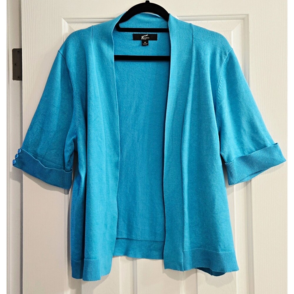 GNW Women's Plus 2X Cardigan Sweater Turquoise Blue Short Sleeve Open Front Knit